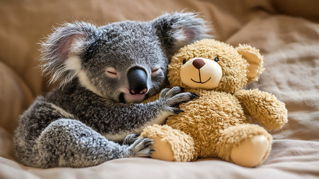 Cute koala bear and teddy bear on the bed.の写真素材