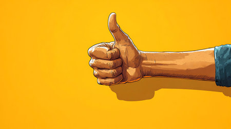 Thumb up hand gesture on a yellow background. Vector illustration.の写真素材