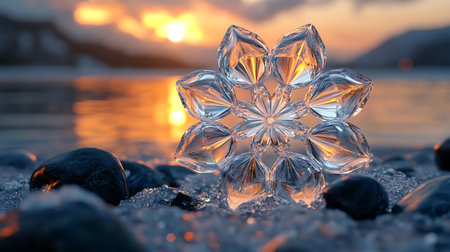 Ice crystal on the beach with sunset background. Selective focus.の写真素材