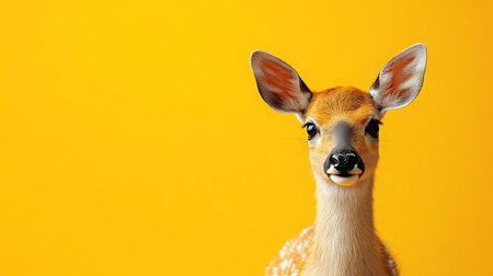 Funny little deer with funny face on yellow background. Space for textの写真素材