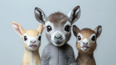 Close-up of a group of cute little baby animals on gray backgroundの写真素材
