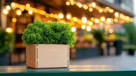 Green plant in wooden box on table in cafe with bokeh backgroundの写真素材