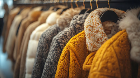 Women's warm clothing on hangers in the store. Warm clothing for cold weather.の写真素材