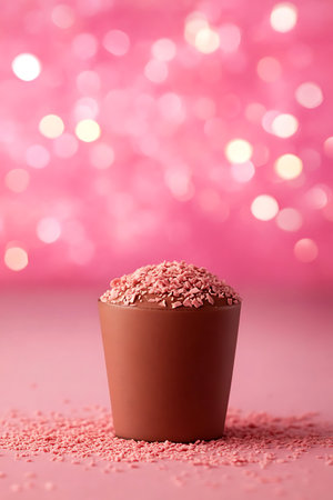 Cup of chocolate candies on pink background with bokehの写真素材