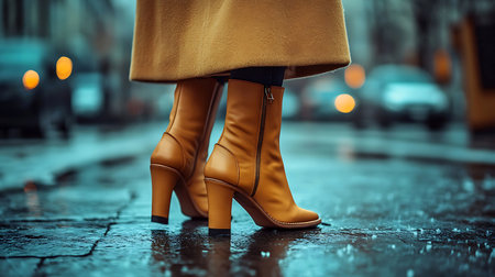 Close-up of female legs in high-heeled boots on the streetの写真素材