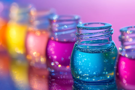 Bottles of nail polish with drops of water. Colorful backgroundの写真素材