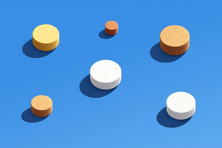 3d illustration of white pills on blue background with shadow effect.の写真素材