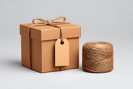 Cardboard box with blank label and rope on gray background. 3d renderingの写真素材