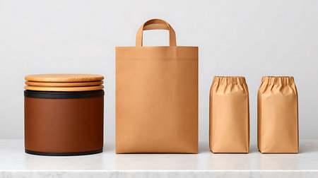 Brown paper bag and container on white table. 3d rendering