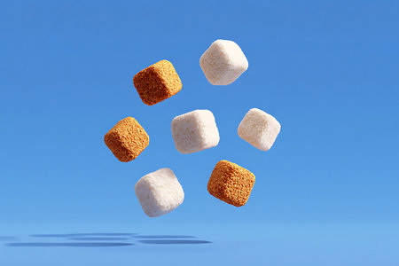 Cubes of white and brown sugar flying in the air on a blue backgroundの写真素材