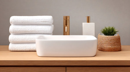 White bathtub with towels on a wooden table. 3d rendering