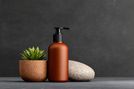 Mockup of brown cosmetic bottle with dispenser and plant in terracotta pot on black background.の写真素材