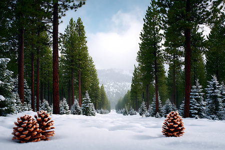 Winter landscape with pine trees and snowdrifts in the forest.の写真素材