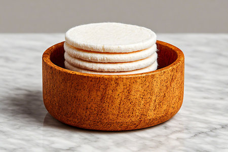 Cotton pads in a wooden bowl on a white marble background.の写真素材
