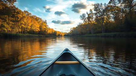 Canoe on the river at sunset. Beautiful autumn landscape with forest.