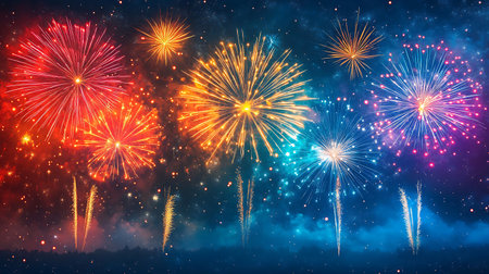 Colorful fireworks of various colors over night sky. Vector illustration.の写真素材