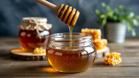 Honey dripping from a wooden honey dipper into a jar on a wooden background