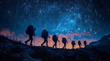 Silhouette of a group of hikers on the background of the starry sky.