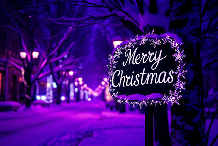 Merry Christmas sign on the background of night street lights and trees