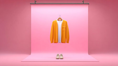 Orange coat on a hanger on a pink background. 3d renderingの写真素材