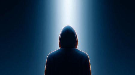 A silhouette of a man with a hood in front of a blue lightの写真素材