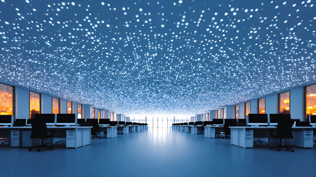 Computer room with glowing lights. 3D rendering. Network concept.