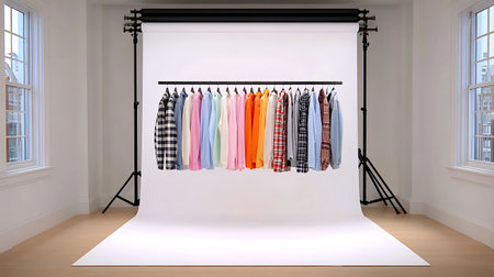 clothing rack with clothes on white background. 3d render.の写真素材
