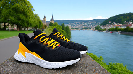 A pair of black sneakers on the embankment of the river Rhine