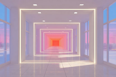 3d illustration of a bright room with windows and neon lights.の写真素材