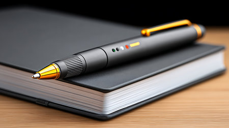 Pen and notebook on a wooden table. Close-up. Selective focus.の写真素材