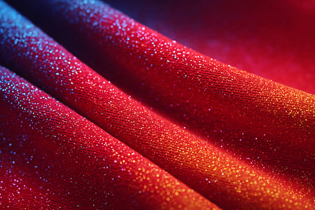 close up of red fabric texture with glitter and sparkles, abstract backgroundの写真素材