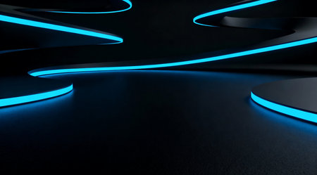 Abstract blue neon light on a black background. 3d render illustrationの写真素材