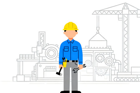 Worker with tools on the background of oil refinery. Vector illustration.