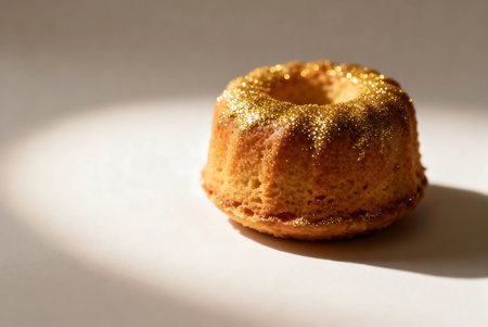 Biscuit with golden glaze on a white background with a shadowの写真素材