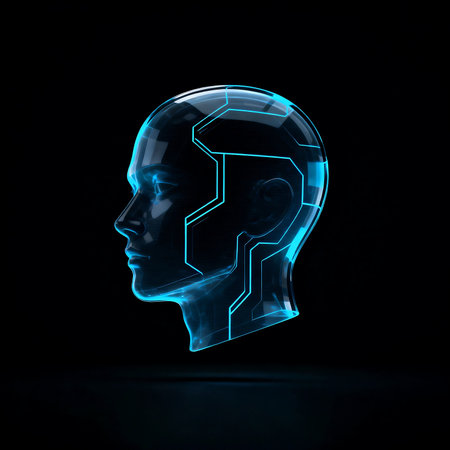 Human head made of blue glass on black background. 3D renderingの写真素材