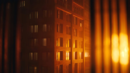 Night view of the city and its windows lit up.の写真素材