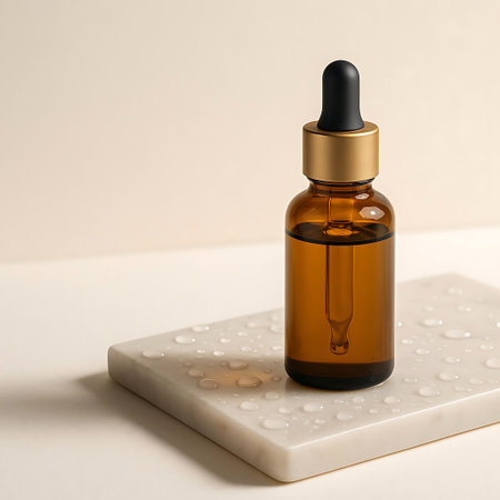 Amber glass dropper bottle with drops on a white marble background.の写真素材