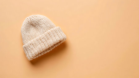 White knitted hat on a beige background. Top view.の写真素材