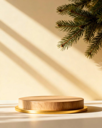 Wooden podium for product presentation and Christmas tree on the background.の写真素材