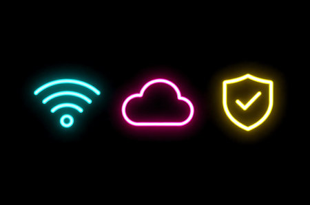 Set of neon cloud and wifi icons in outline style. Vector illustrationの写真素材