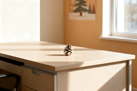 Pinecone on wooden desk, closeupの写真素材