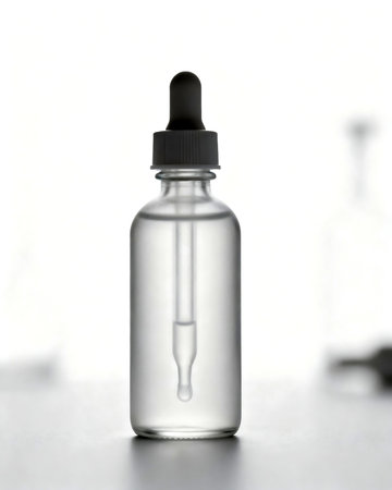 Transparent glass dropper bottle with pipette on a white backgroundの写真素材
