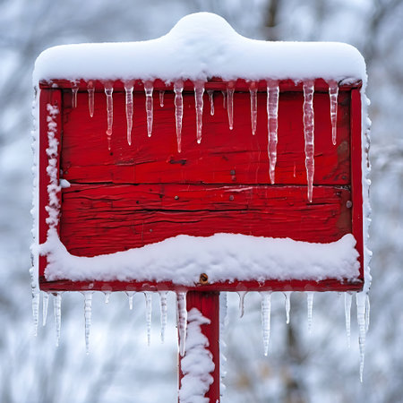 Wooden red sign with icicles in winter forest, closeupの写真素材