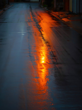 Reflection of the sun in a puddle on the street.の写真素材