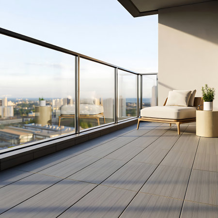 Wooden balustrade on the facade of a modern apartment buildingの写真素材