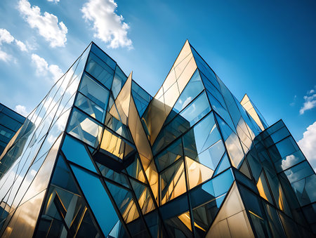 Modern office building with glass facade. Architectural detail of modern building.の写真素材