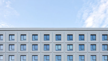 Modern apartment buildings on a sunny day with a blue sky. Facade of a modern apartment buildingの写真素材