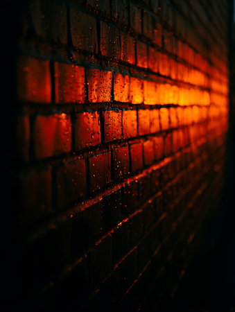 Red brick wall with water drops at night. Abstract background and texture.の写真素材
