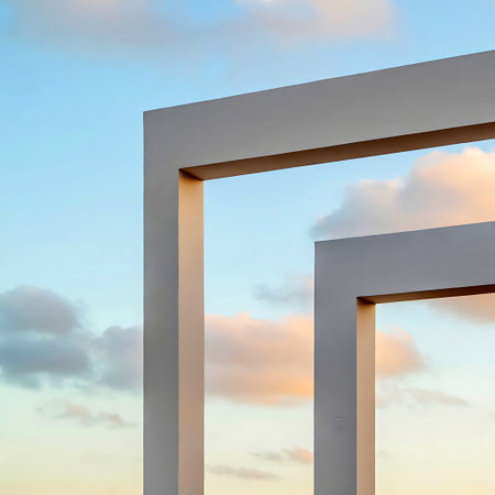 Abstract background with white metal frame against the blue sky with clouds.の写真素材