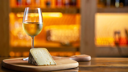 Glass of white wine and cheese on wooden board in front of wine shopの写真素材